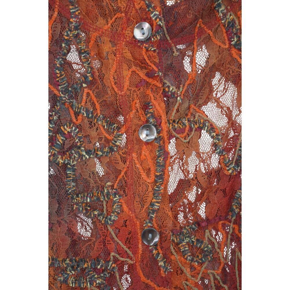 Vintage Sheer Burnt Orange Embroidered Lace Mesh Button-Up Top Boho Whimsy Goth - Picture 14 of 14